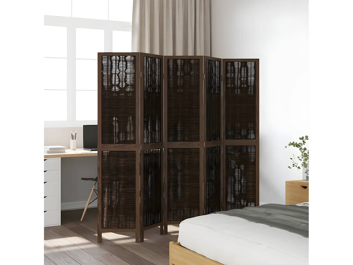 Cloison de séparation 5 panneaux marron foncé paulownia massif