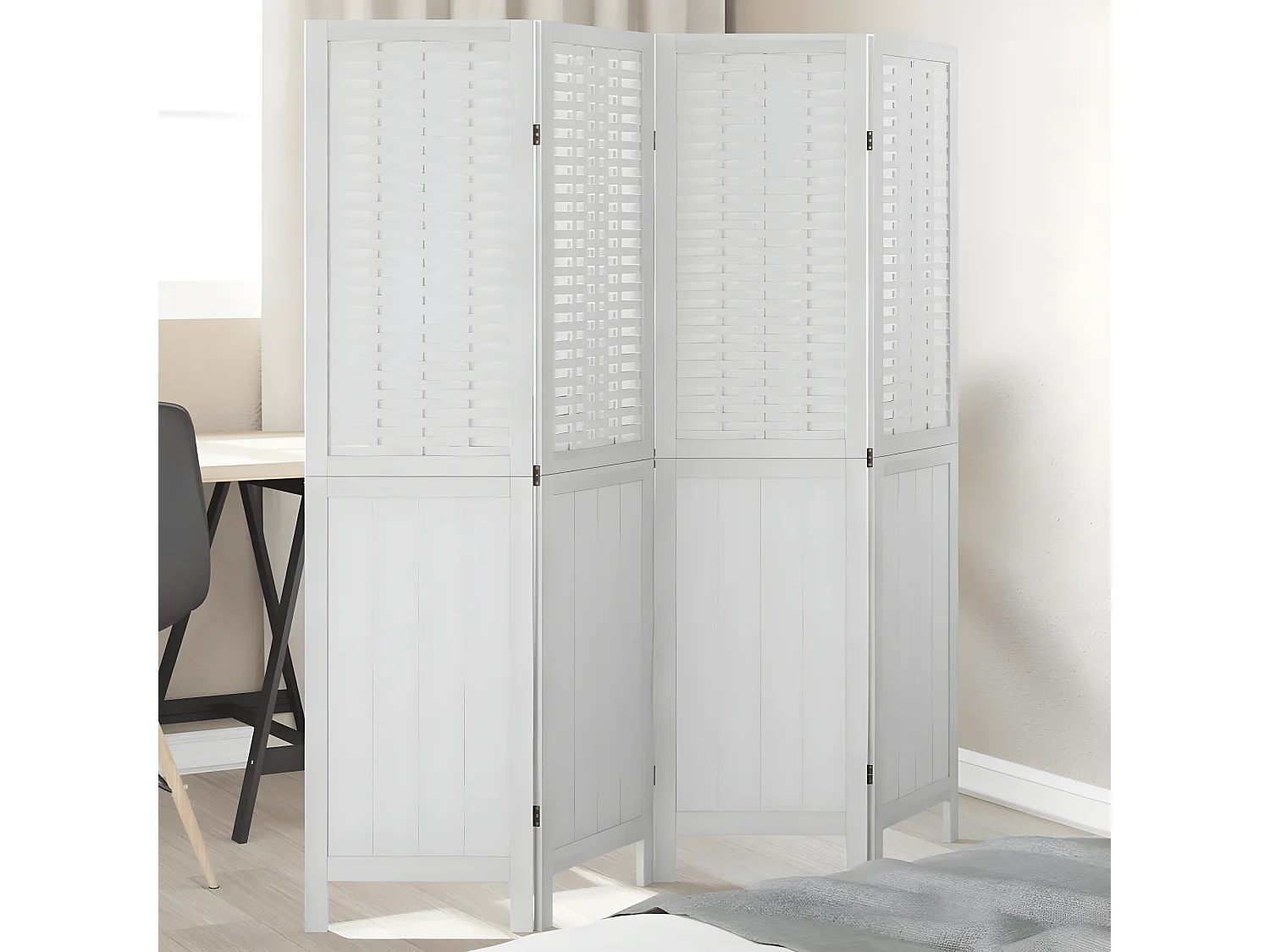 Cloison de séparation 4 panneaux blanc bois de paulownia massif