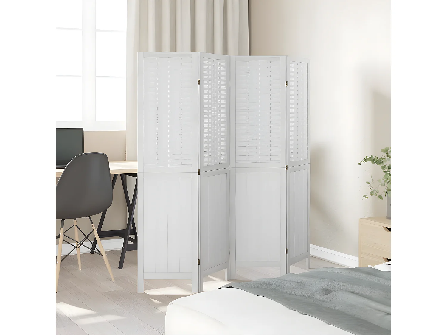 Cloison de séparation 4 panneaux blanc bois de paulownia massif