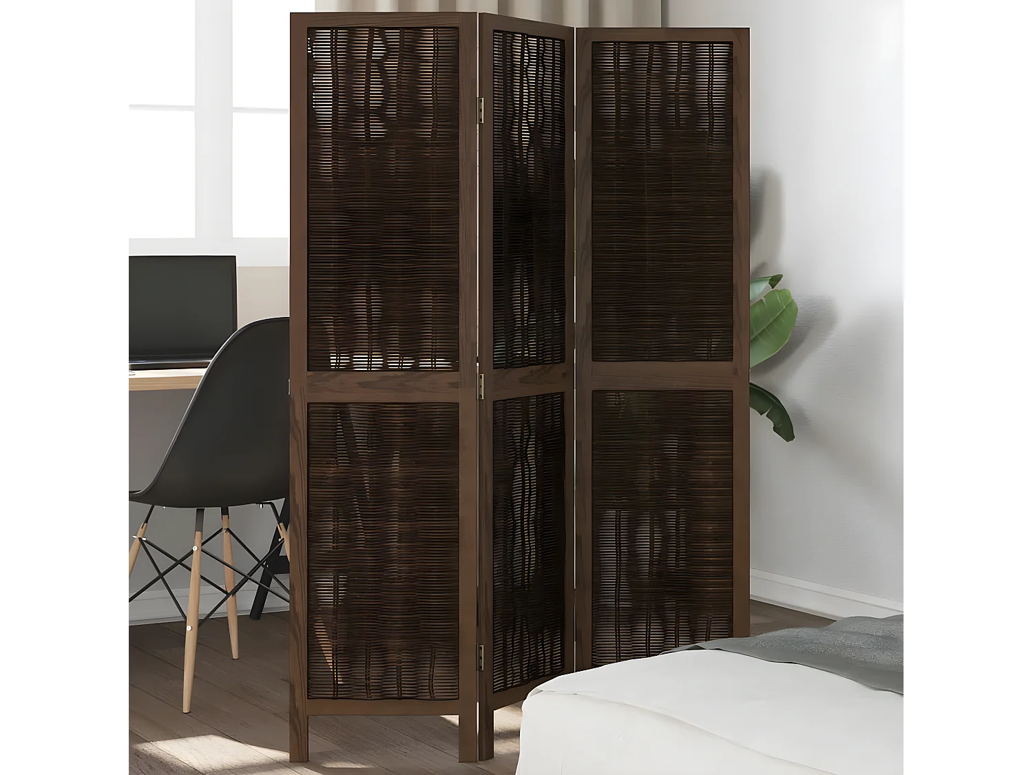 Cloison de séparation 3 panneaux marron foncé paulownia massif