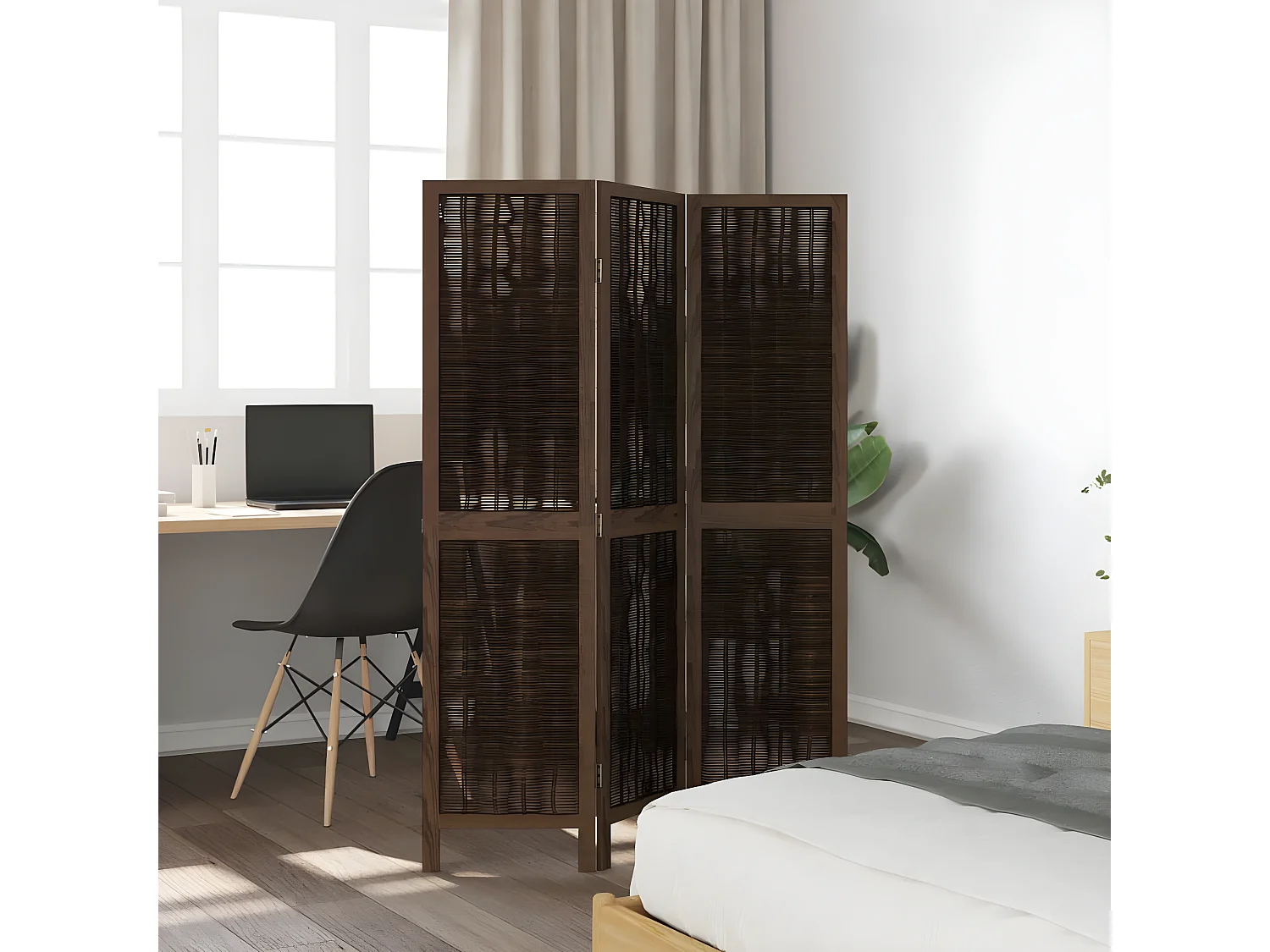 Cloison de séparation 3 panneaux marron foncé paulownia massif