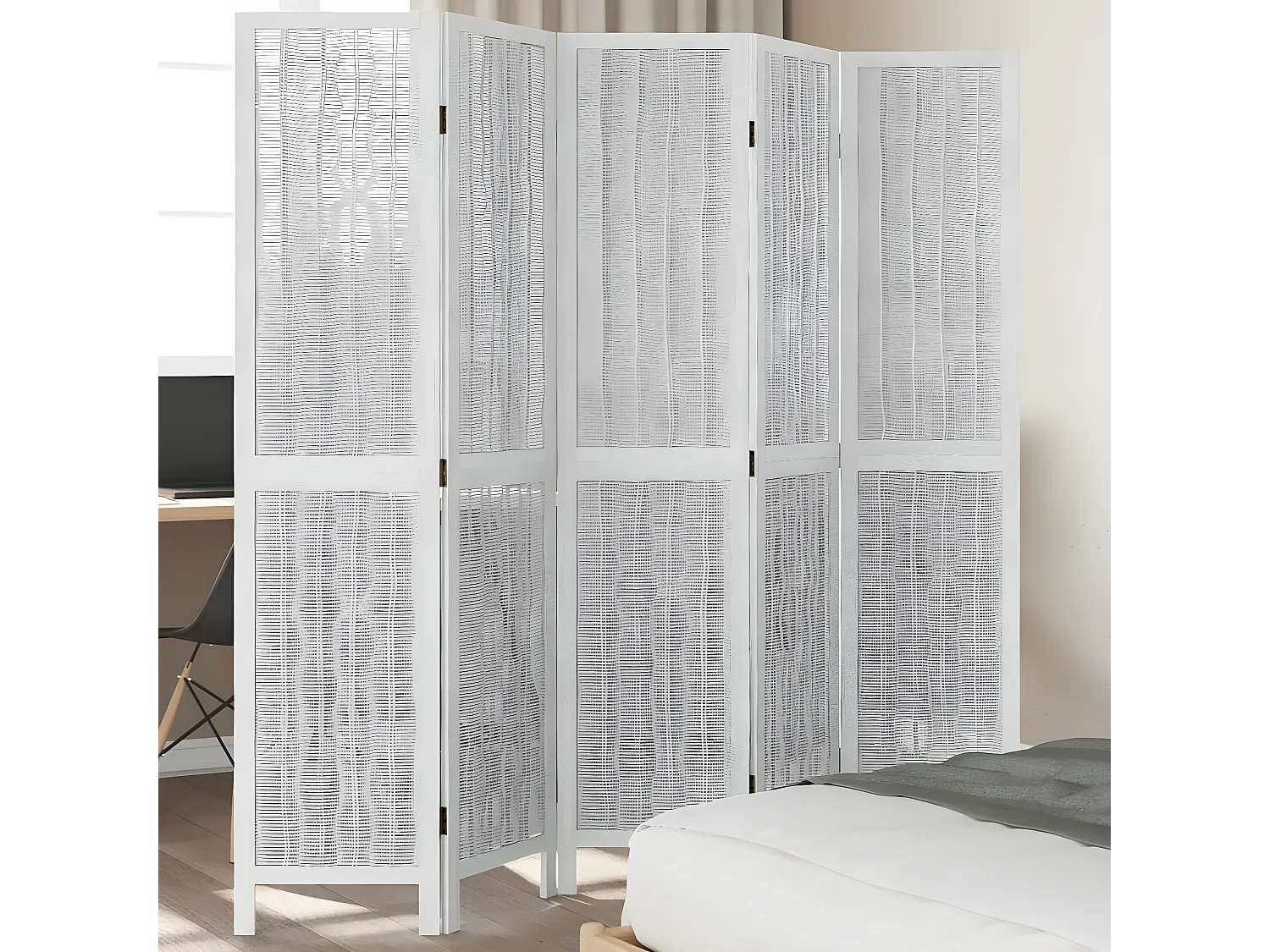 Cloison de séparation 5 panneaux blanc bois de paulownia massif