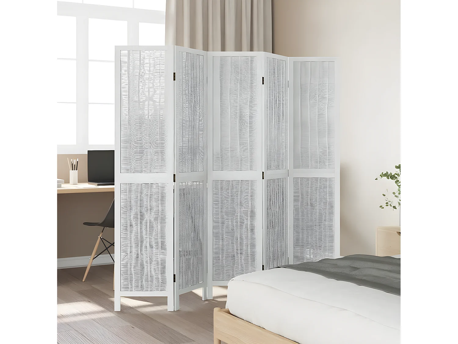 Cloison de séparation 5 panneaux blanc bois de paulownia massif