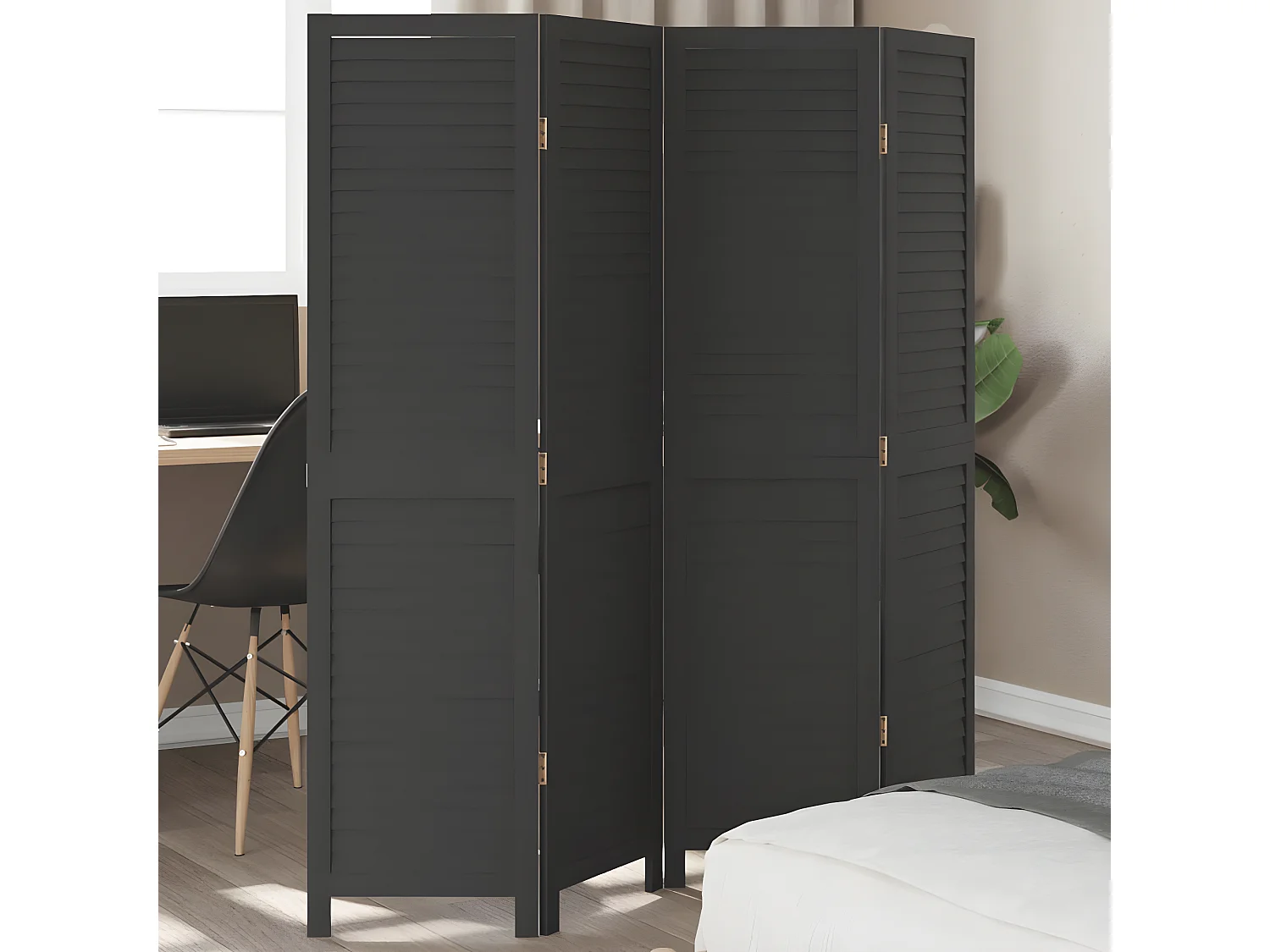 Cloison de séparation 4 panneaux noir bois de paulownia massif