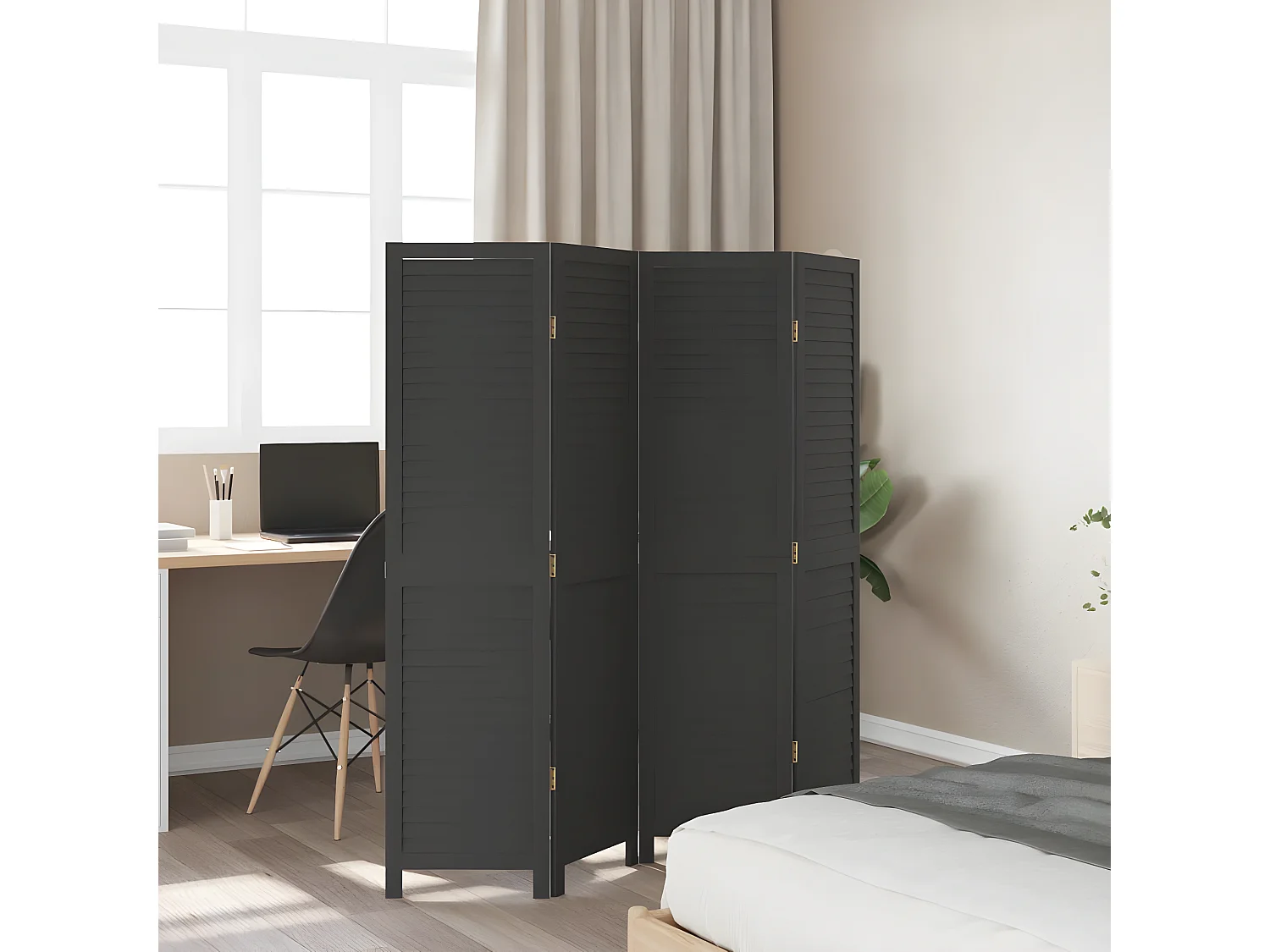 Cloison de séparation 4 panneaux noir bois de paulownia massif