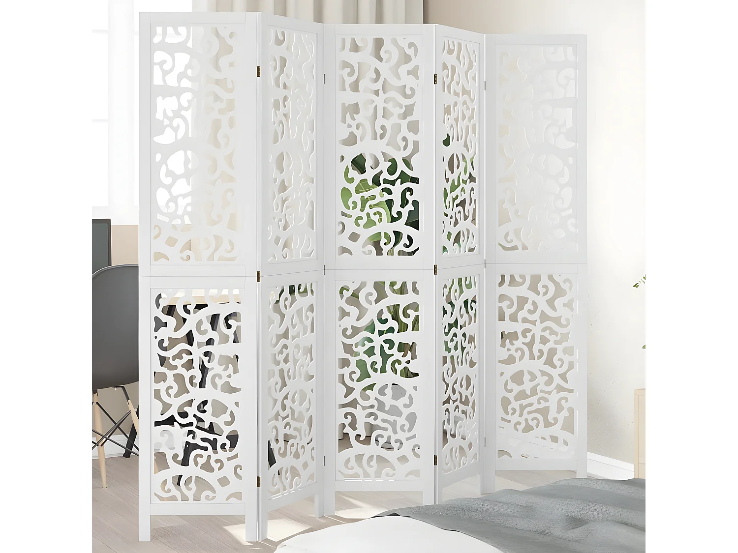 Cloison de séparation 5 panneaux blanc bois de paulownia massif