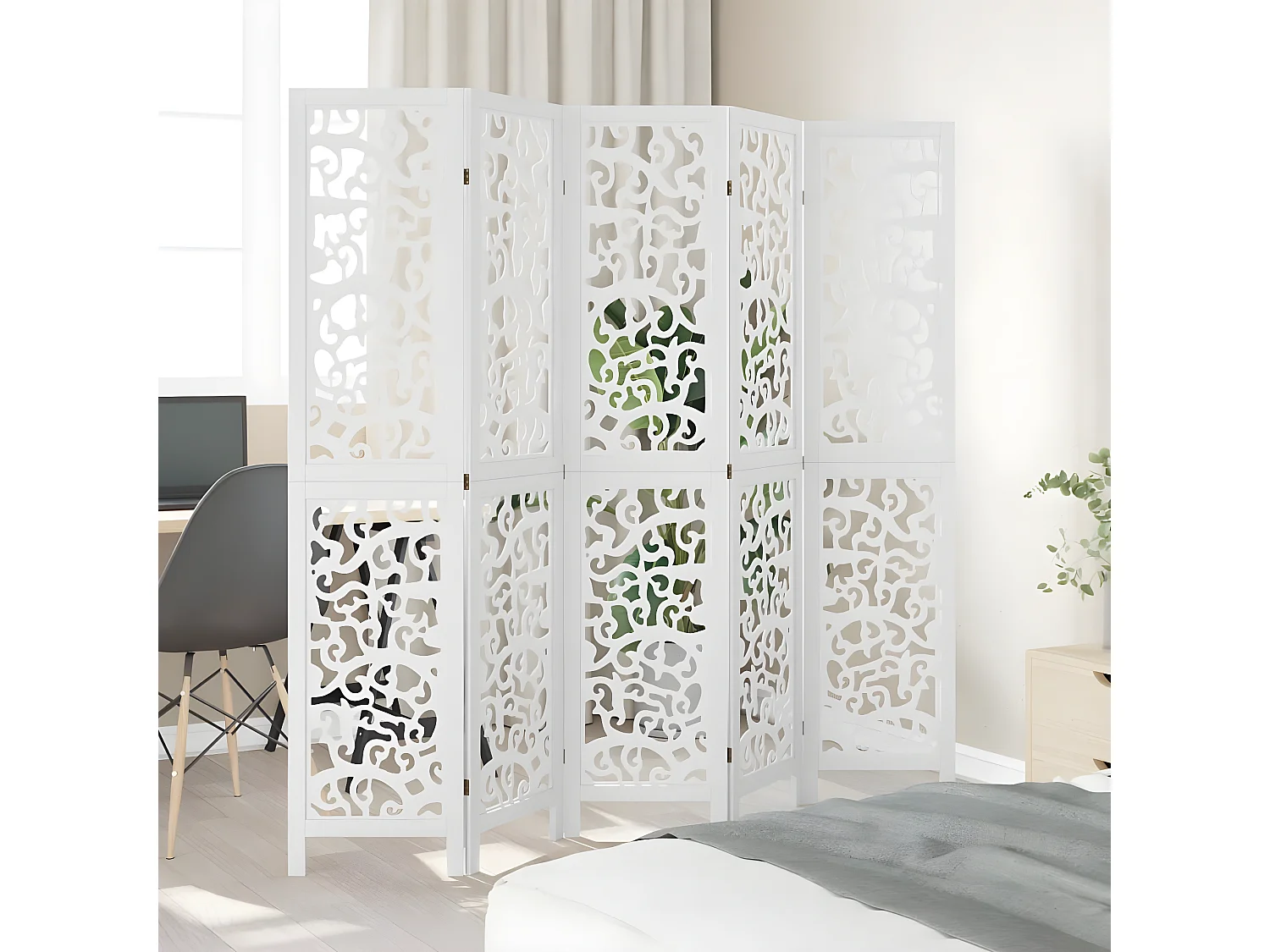 Cloison de séparation 5 panneaux blanc bois de paulownia massif