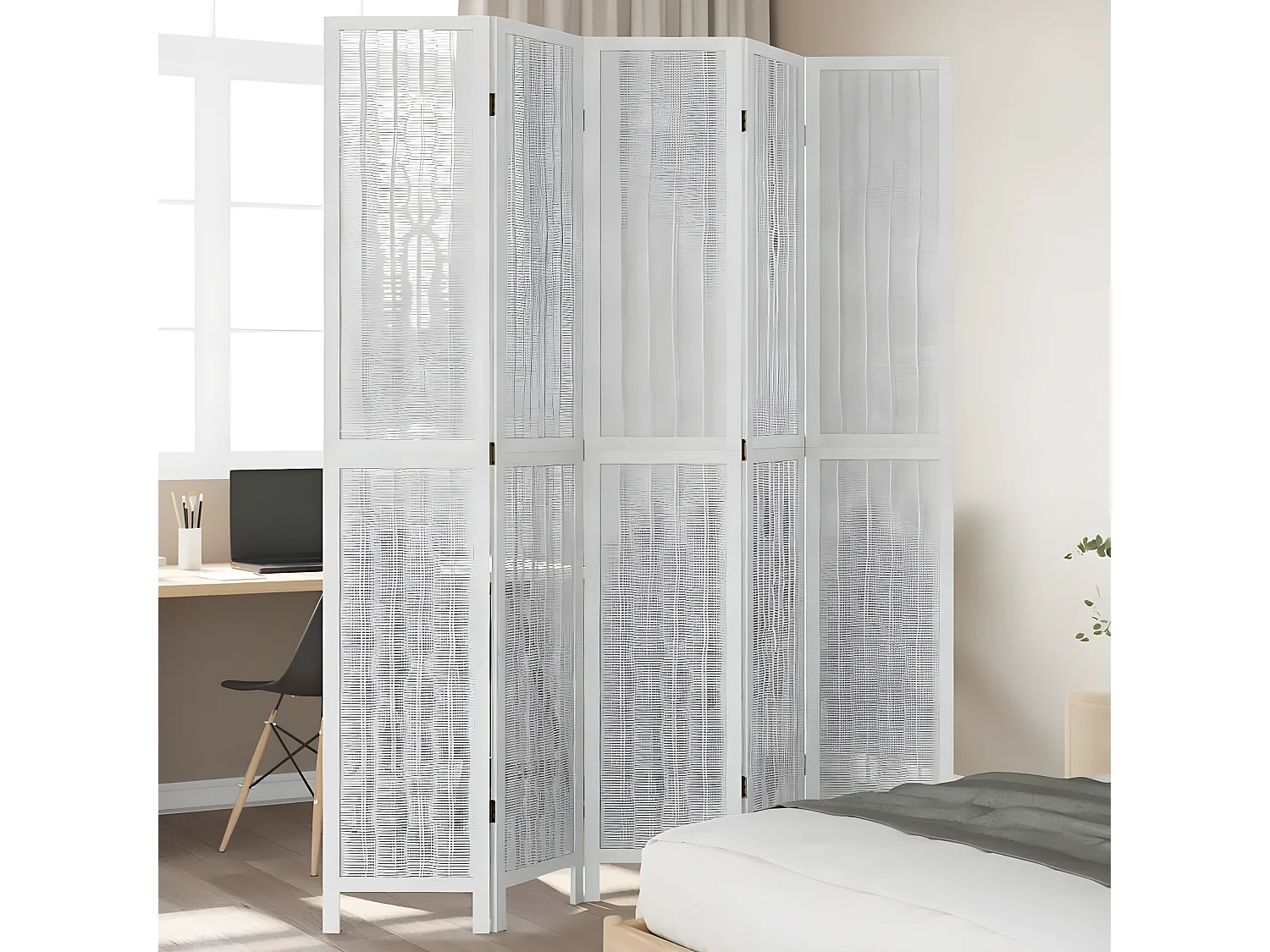 Cloison de séparation 5 panneaux blanc bois de paulownia massif