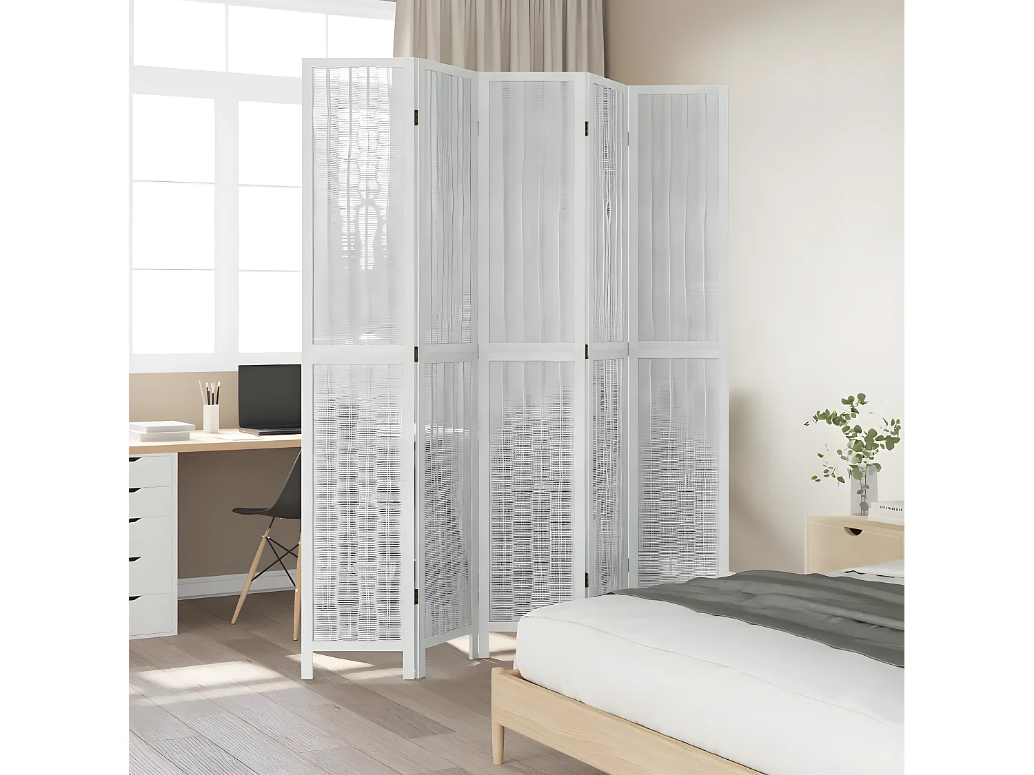 Cloison de séparation 5 panneaux blanc bois de paulownia massif