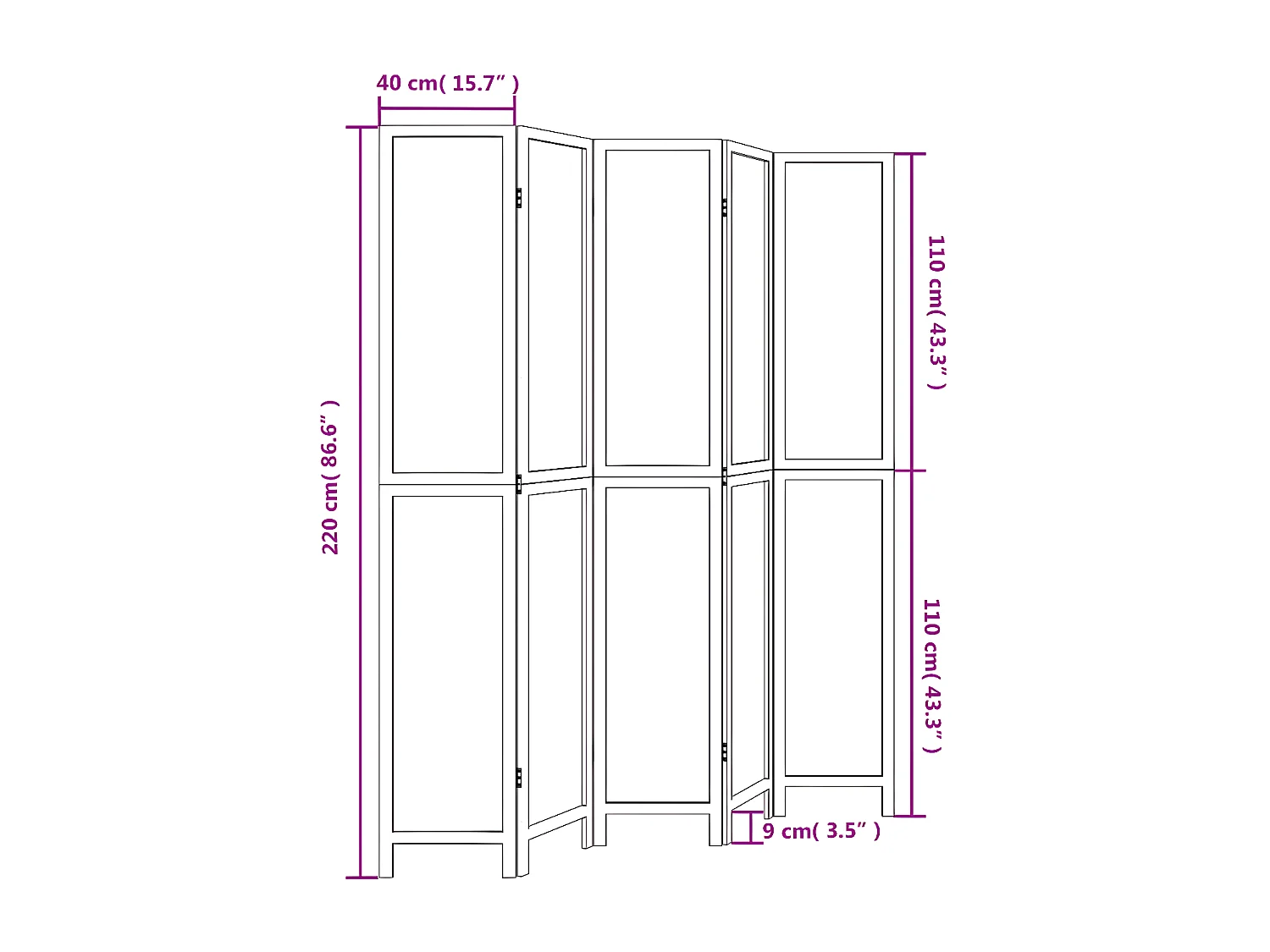 Cloison de séparation 5 panneaux blanc bois de paulownia massif