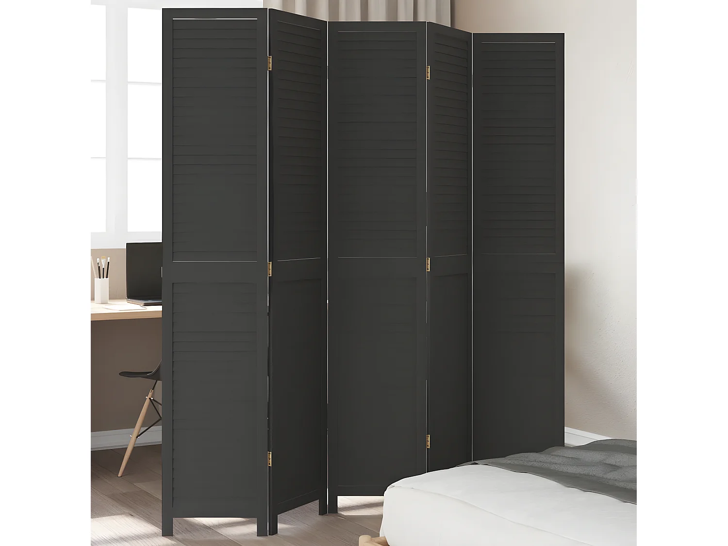 Cloison de séparation 5 panneaux noir bois de paulownia massif
