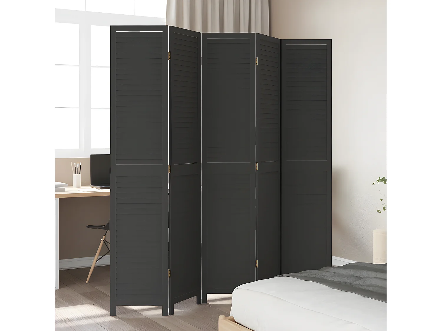 Cloison de séparation 5 panneaux noir bois de paulownia massif