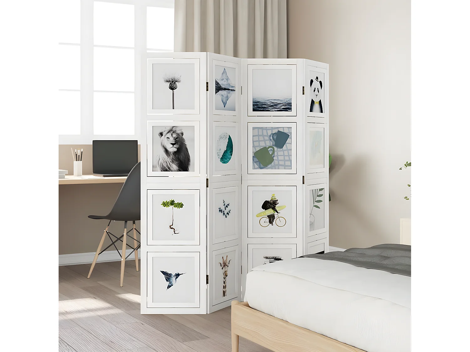 Cloison de séparation 4 panneaux blanc bois de paulownia massif