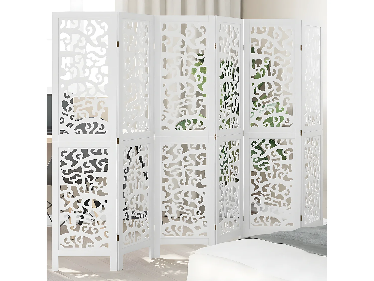 Cloison de séparation 6 panneaux blanc bois de paulownia massif