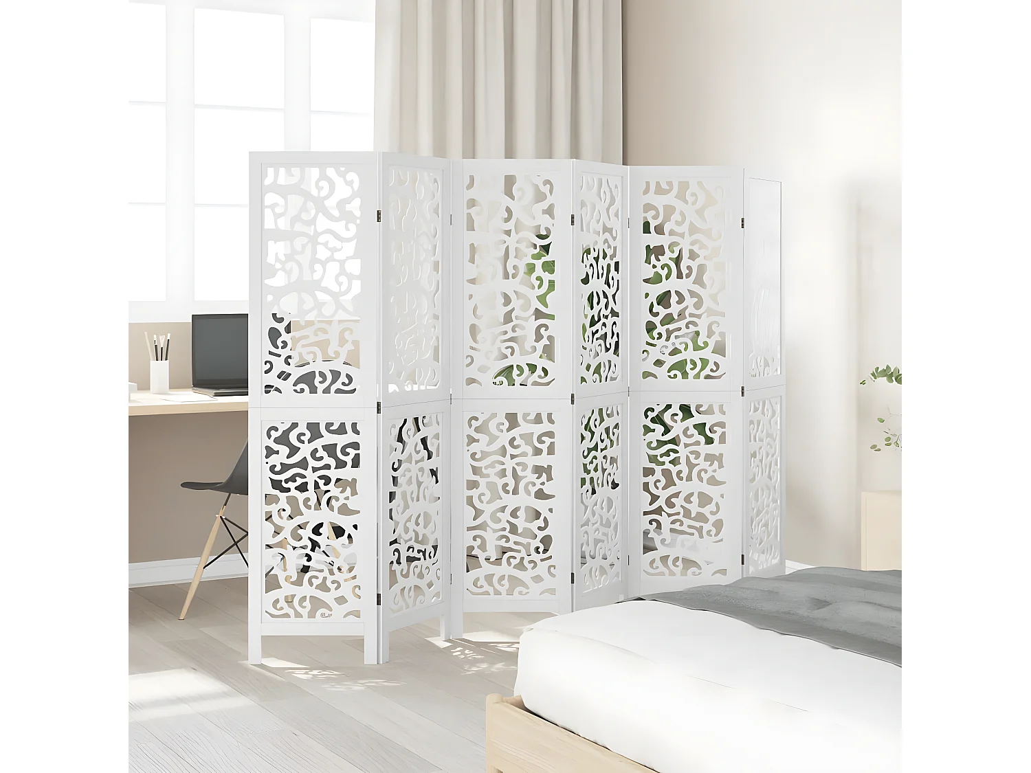 Cloison de séparation 6 panneaux blanc bois de paulownia massif