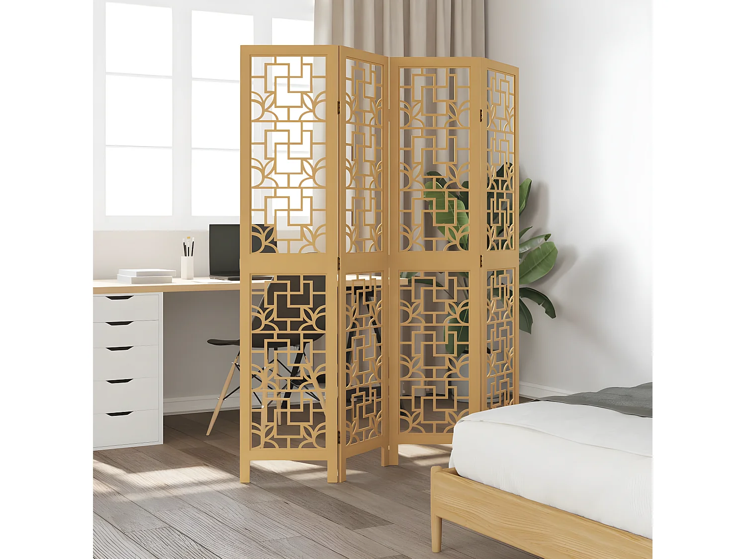 Cloison de séparation 4 panneaux marron bois paulownia massif