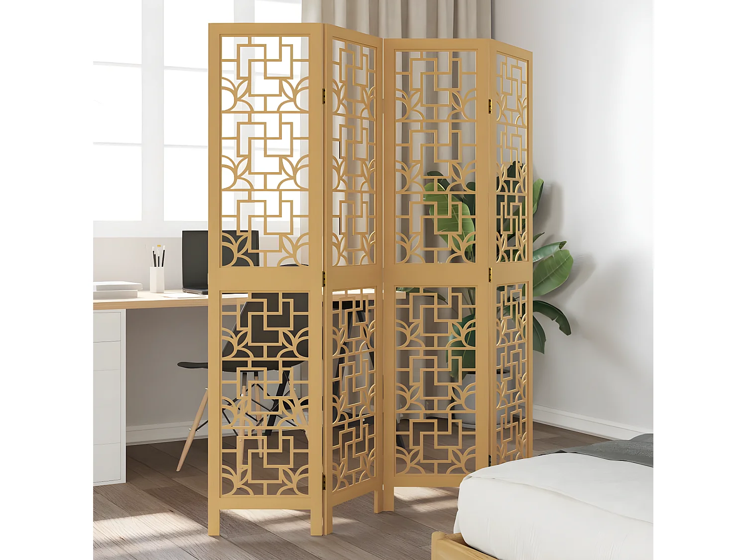 Cloison de séparation 4 panneaux marron bois paulownia massif