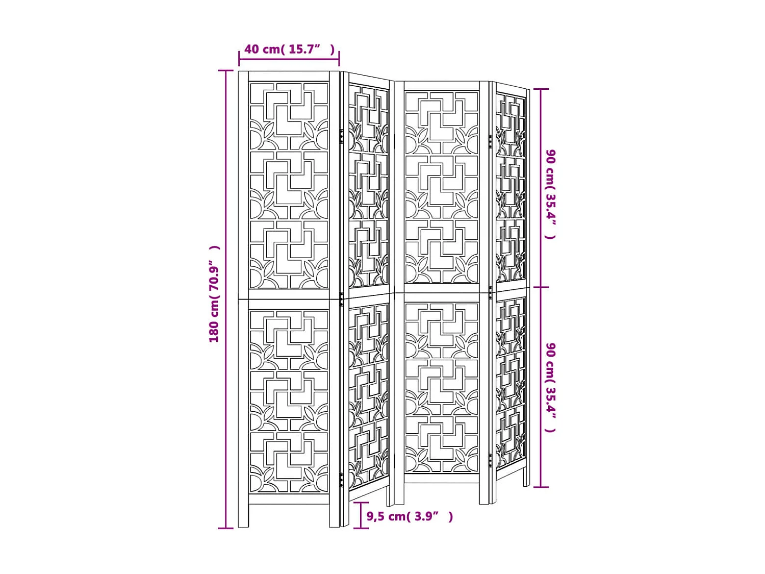 Cloison de séparation 4 panneaux marron bois paulownia massif