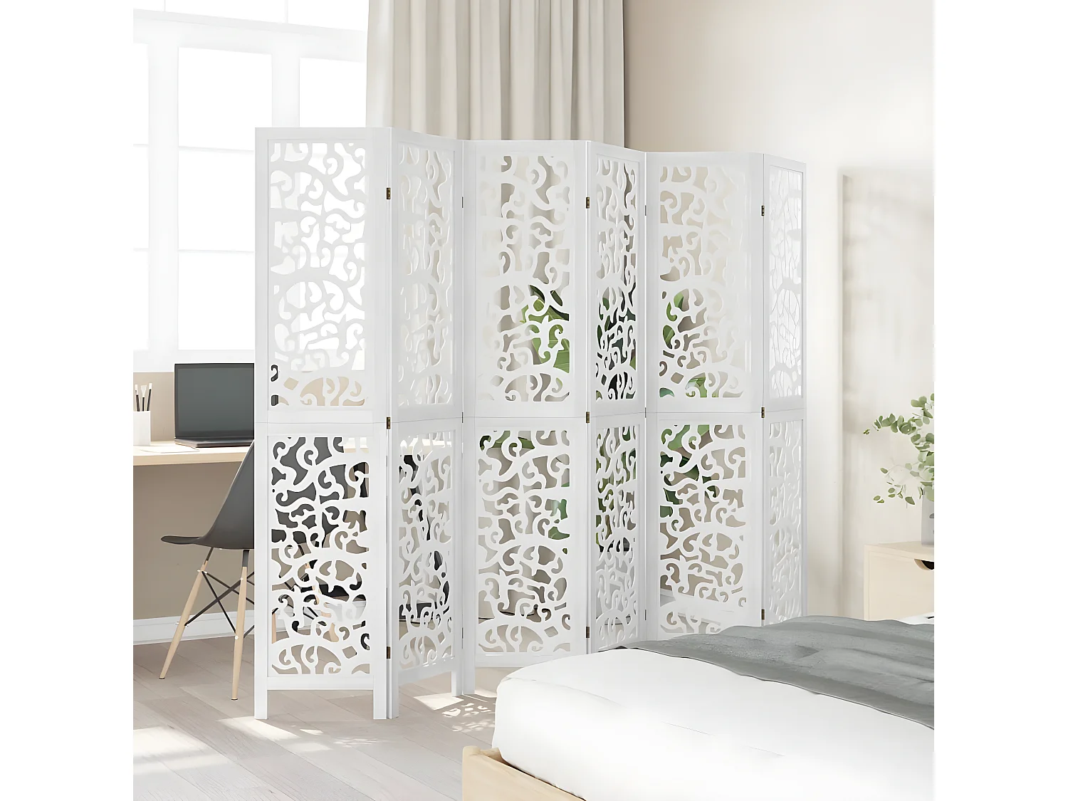 Cloison de séparation 6 panneaux blanc bois de paulownia massif