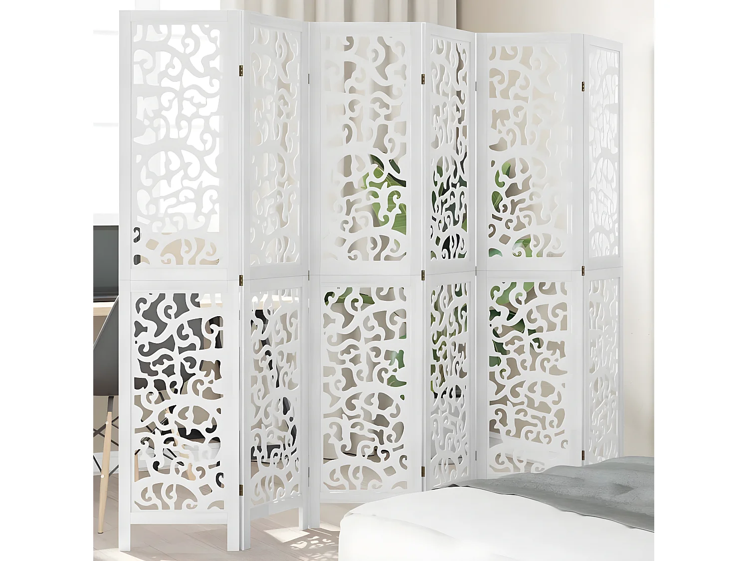 Cloison de séparation 6 panneaux blanc bois de paulownia massif