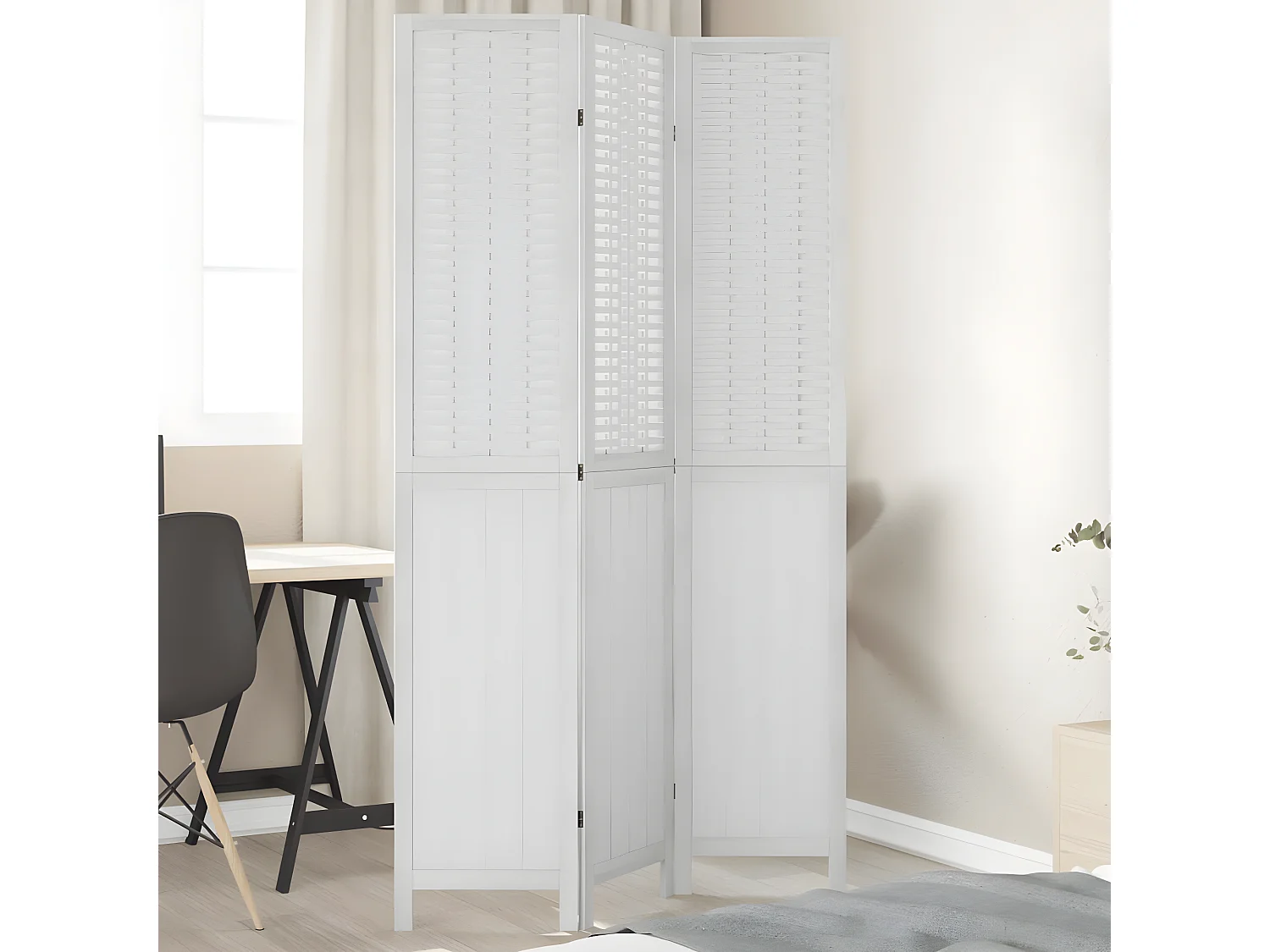 Cloison de séparation 3 panneaux blanc bois de paulownia massif