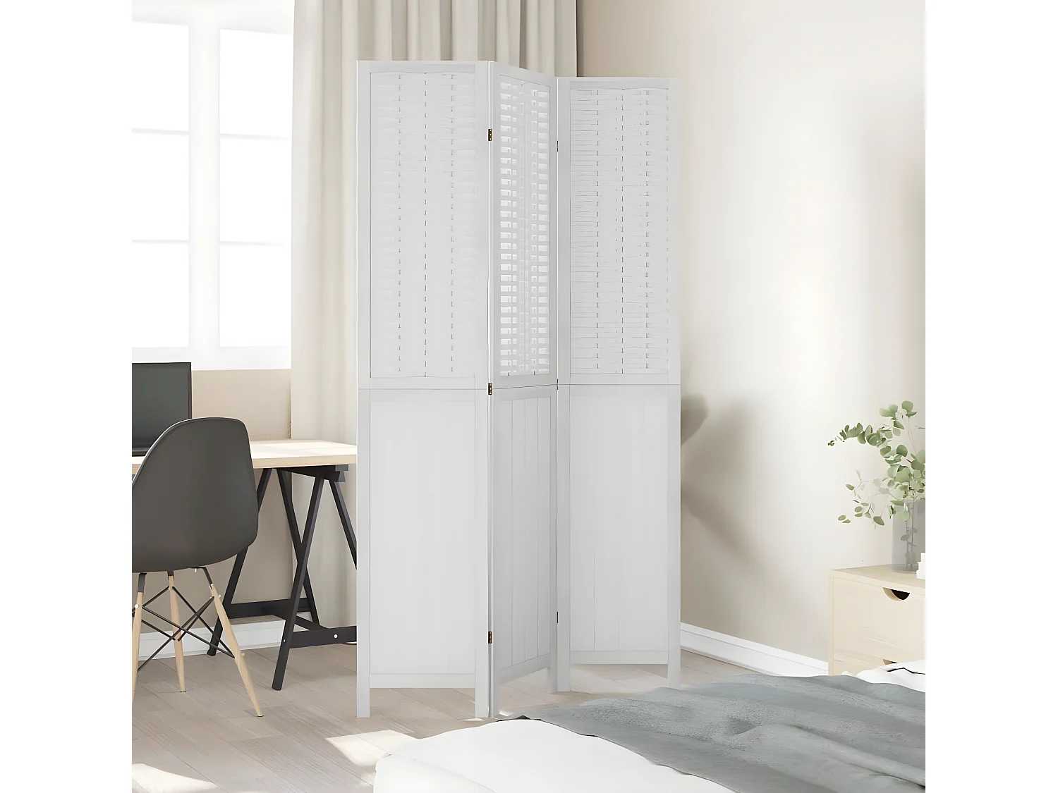 Cloison de séparation 3 panneaux blanc bois de paulownia massif