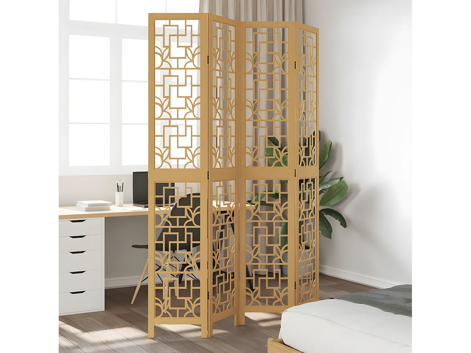 Cloison de séparation 4 panneaux marron bois paulownia massif