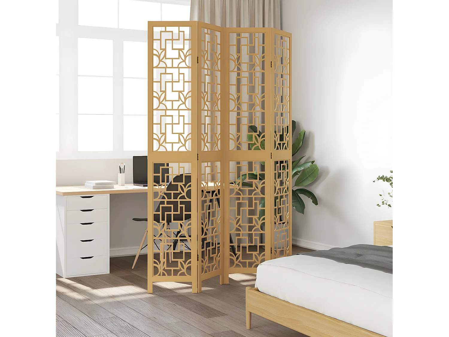 Cloison de séparation 4 panneaux marron bois paulownia massif