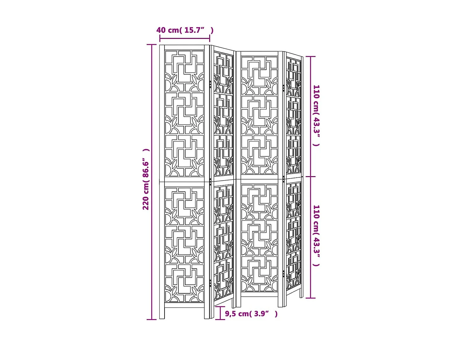 Cloison de séparation 4 panneaux marron bois paulownia massif
