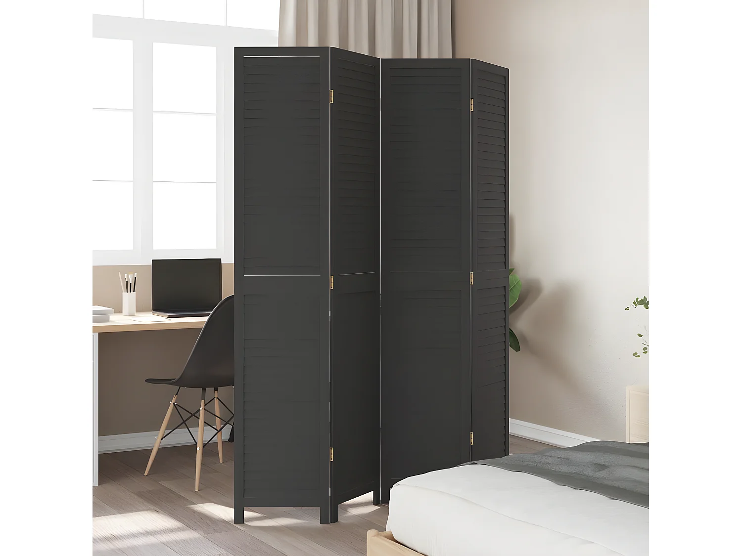 Cloison de séparation 4 panneaux noir bois de paulownia massif