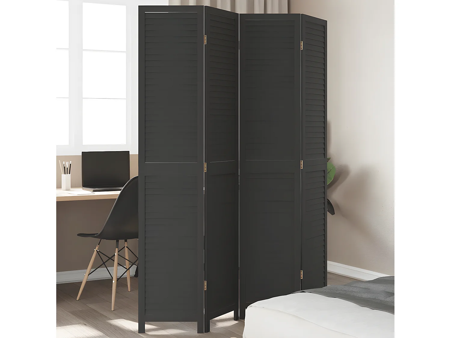 Cloison de séparation 4 panneaux noir bois de paulownia massif