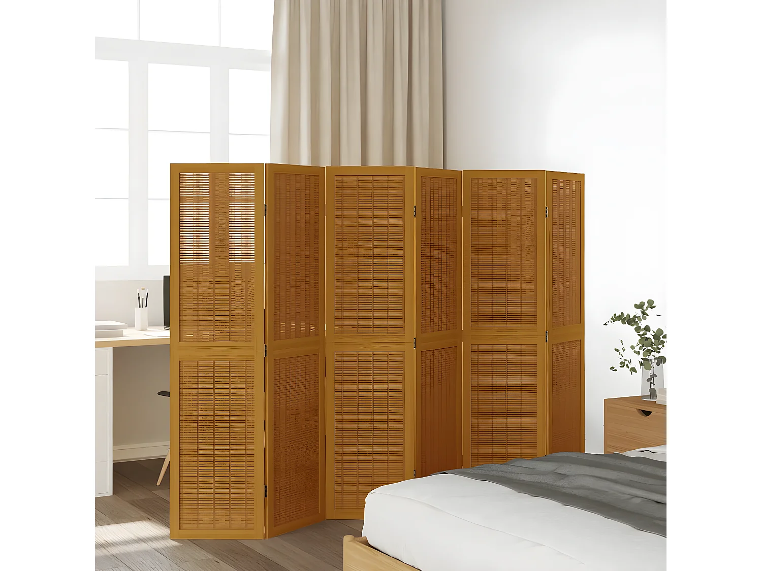 Cloison de séparation 6 panneaux marron bois paulownia massif