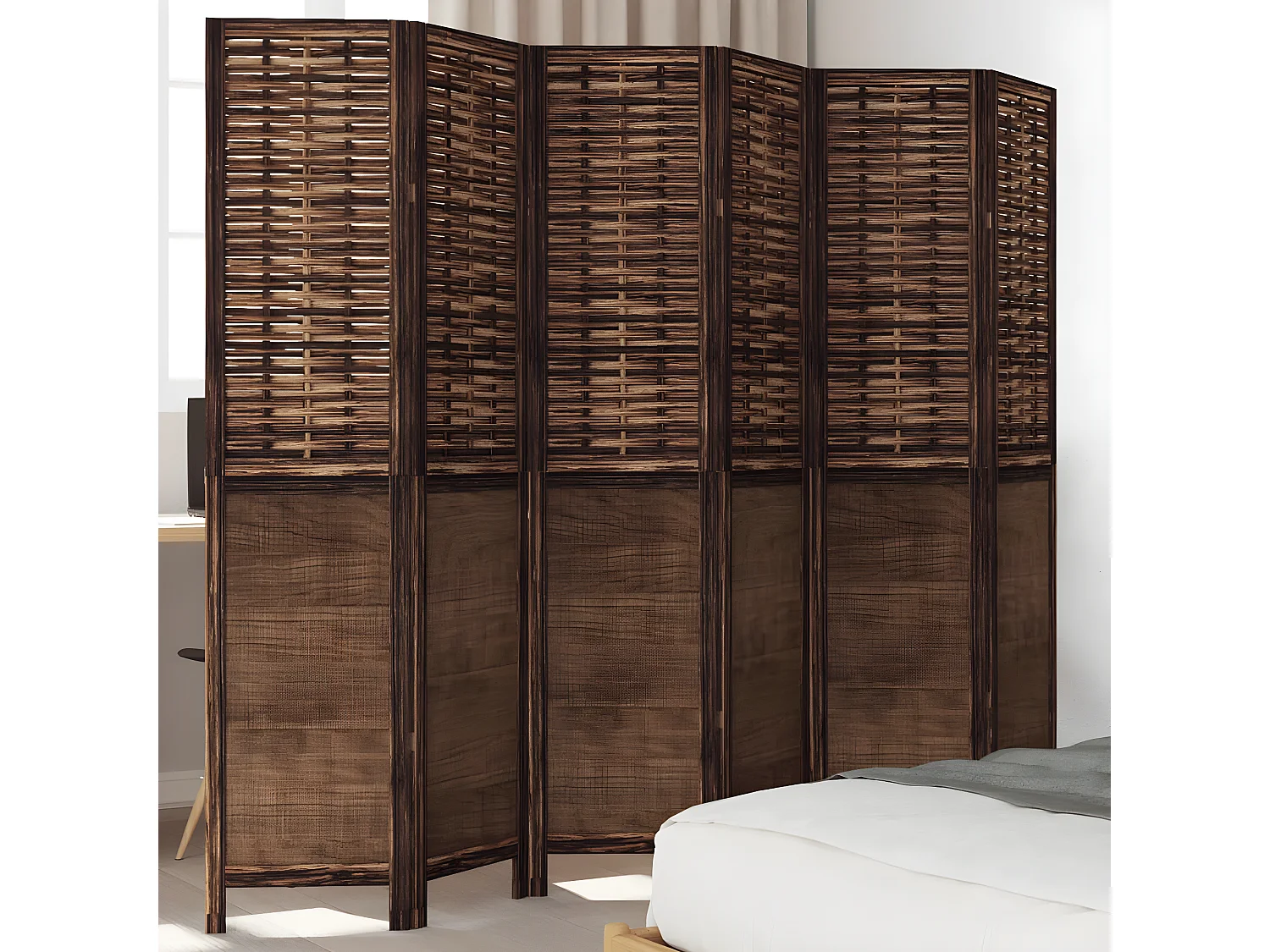 Cloison de séparation 6 panneaux marron foncé paulownia massif
