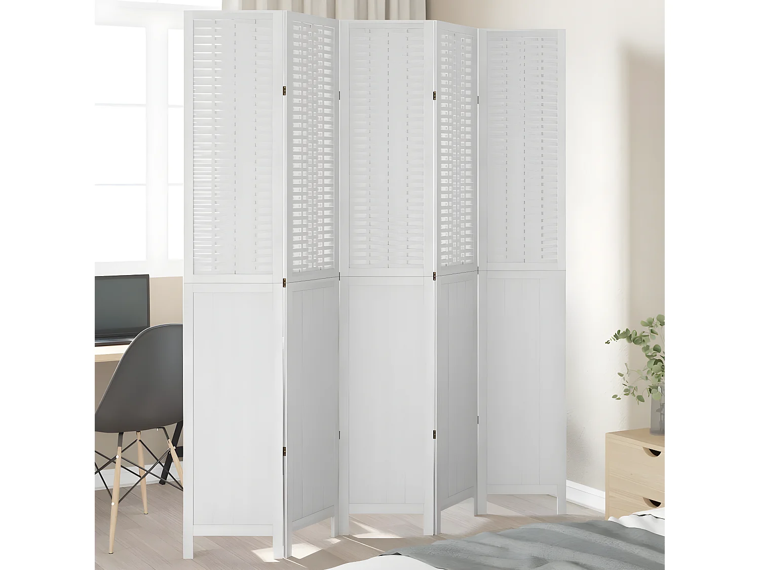 Cloison de séparation 5 panneaux blanc bois de paulownia massif