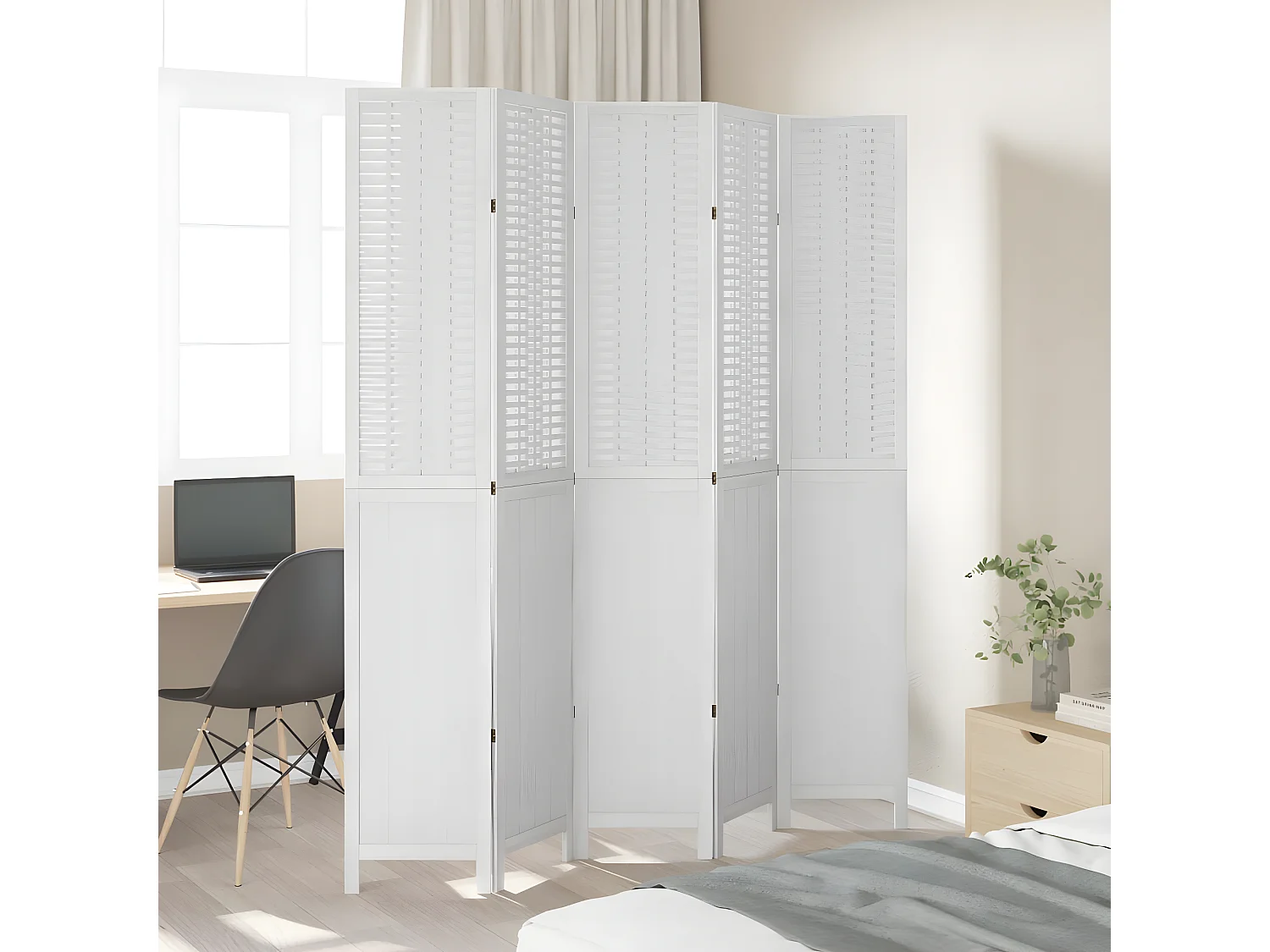 Cloison de séparation 5 panneaux blanc bois de paulownia massif