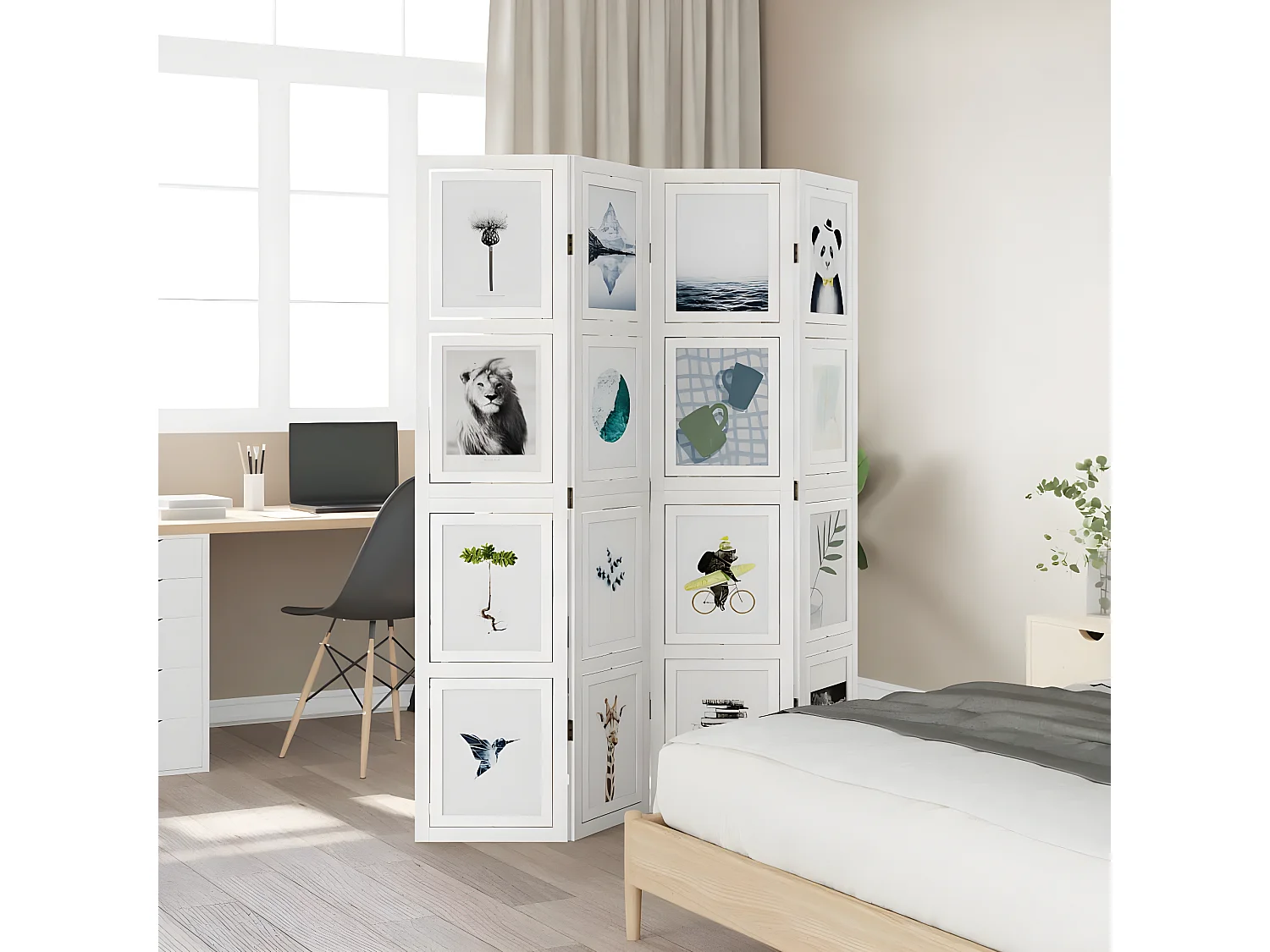 Cloison de séparation 4 panneaux blanc bois de paulownia massif