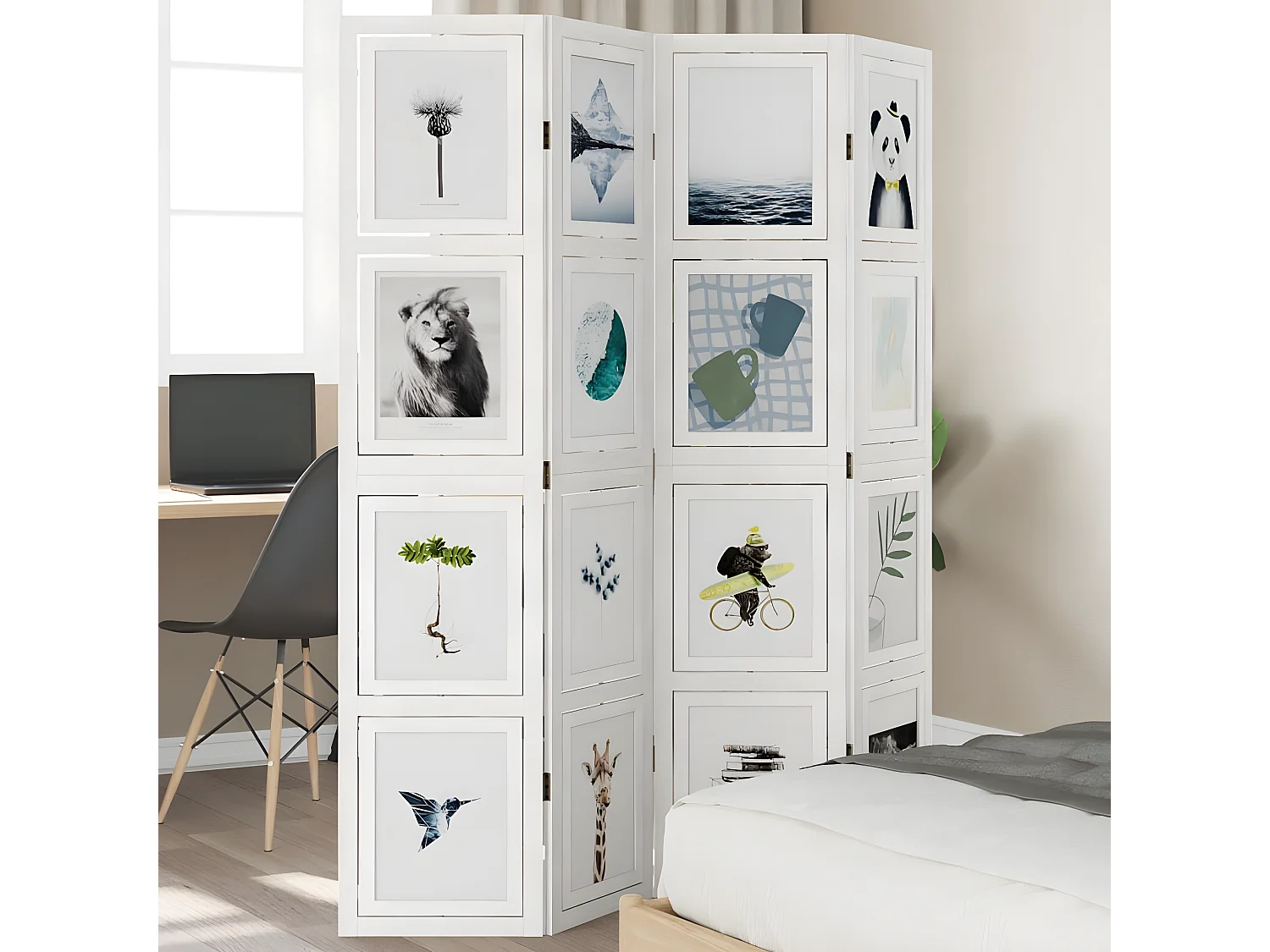 Cloison de séparation 4 panneaux blanc bois de paulownia massif