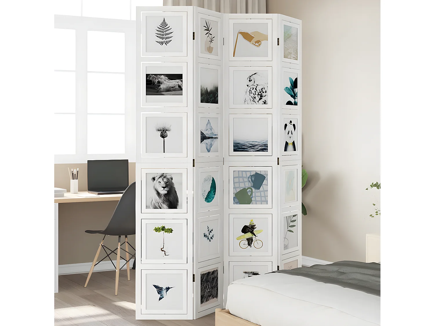 Cloison de séparation 4 panneaux blanc bois de paulownia massif