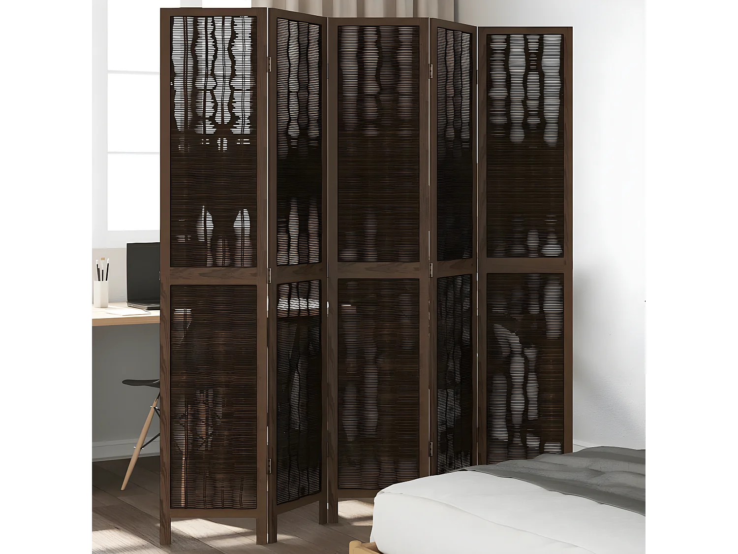 Cloison de séparation 5 panneaux marron foncé paulownia massif