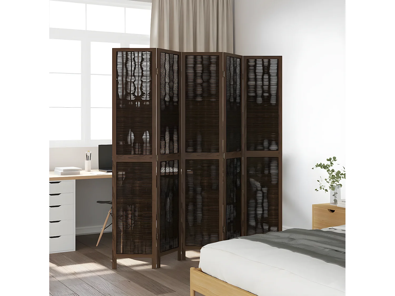 Cloison de séparation 5 panneaux marron foncé paulownia massif