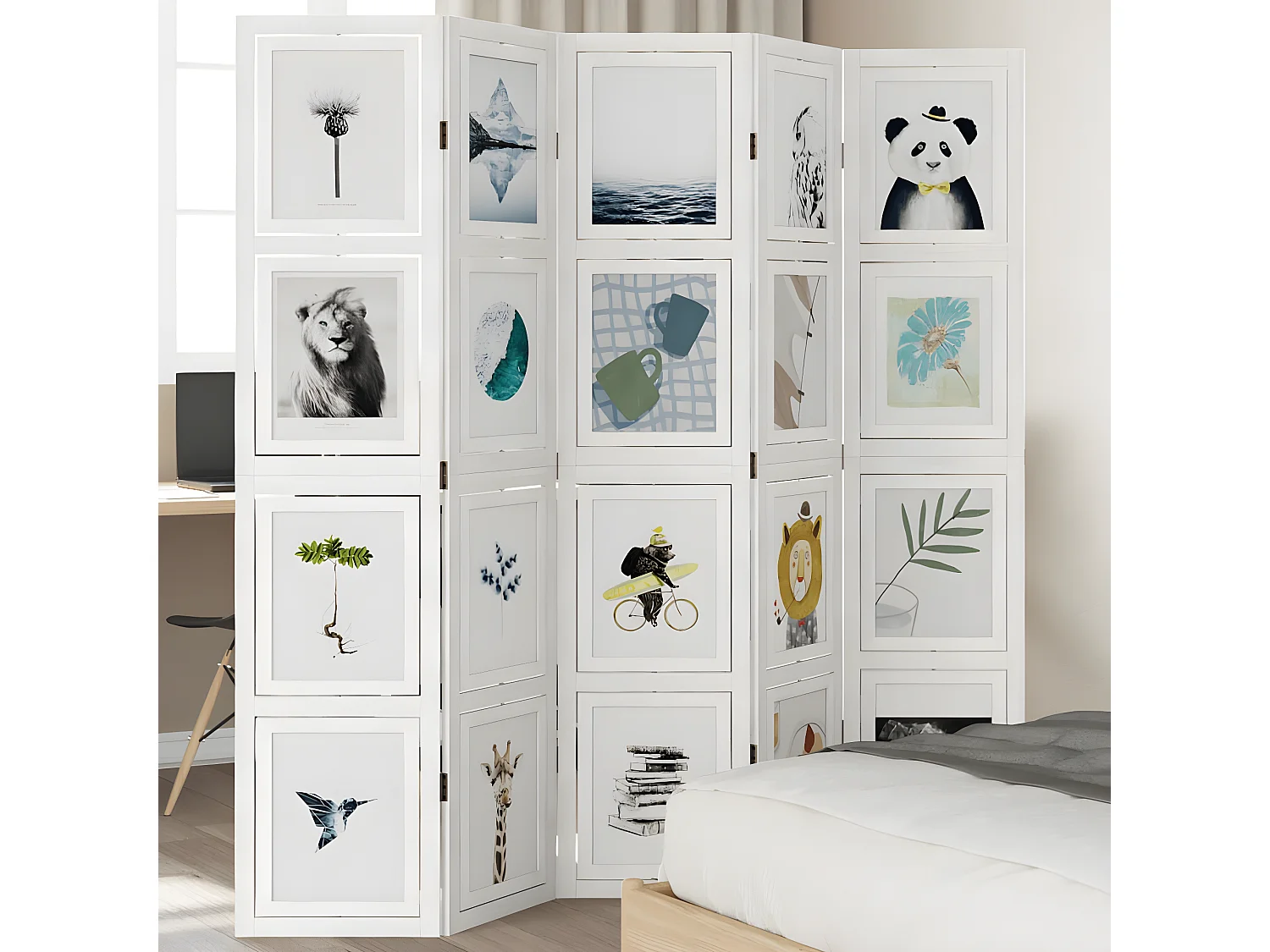 Cloison de séparation 5 panneaux blanc bois de paulownia massif