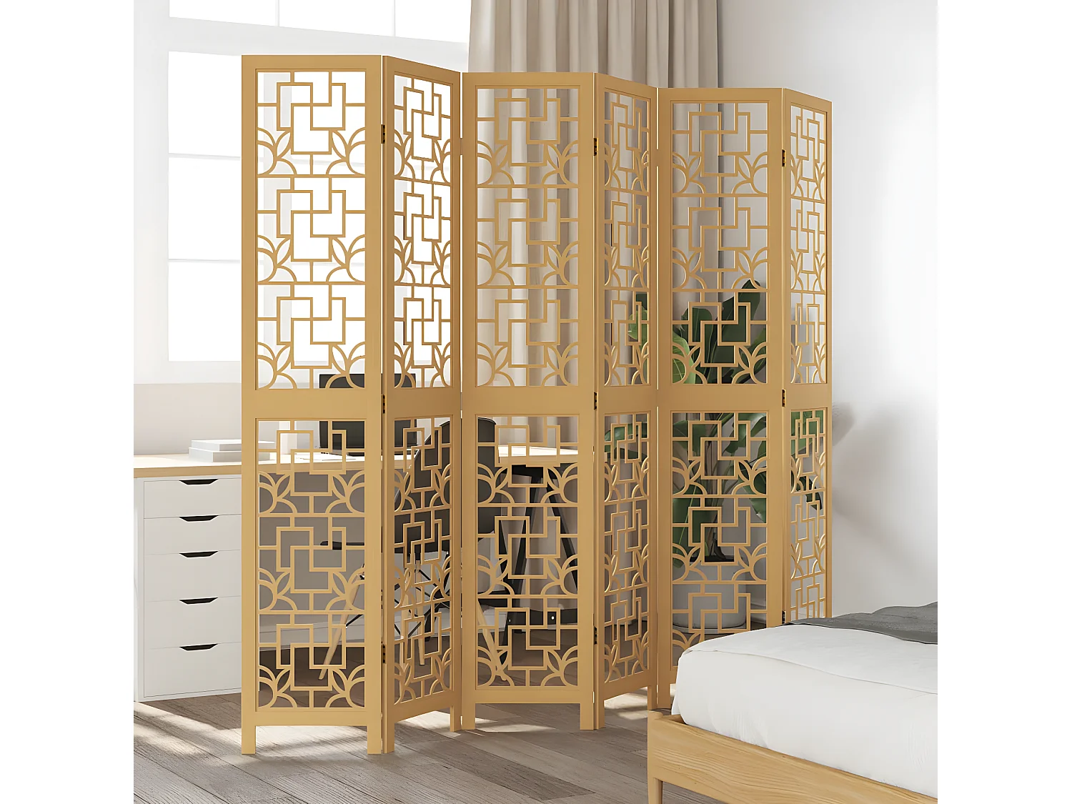 Cloison de séparation 6 panneaux marron bois paulownia massif