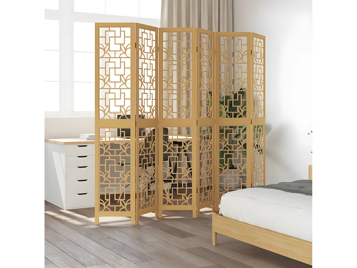 Cloison de séparation 6 panneaux marron bois paulownia massif