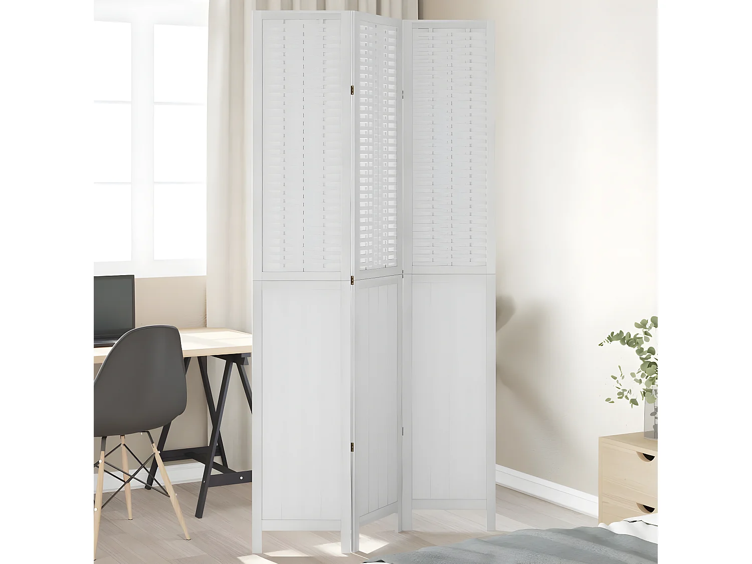 Cloison de séparation 3 panneaux blanc bois de paulownia massif