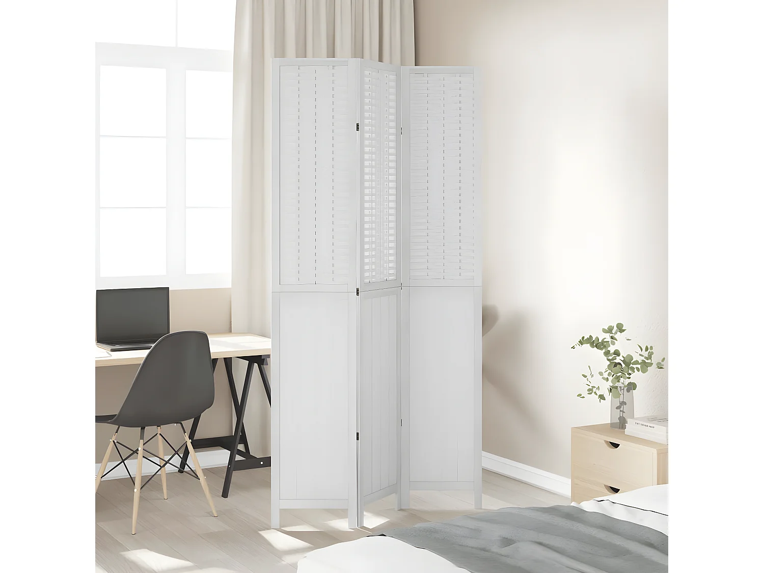 Cloison de séparation 3 panneaux blanc bois de paulownia massif