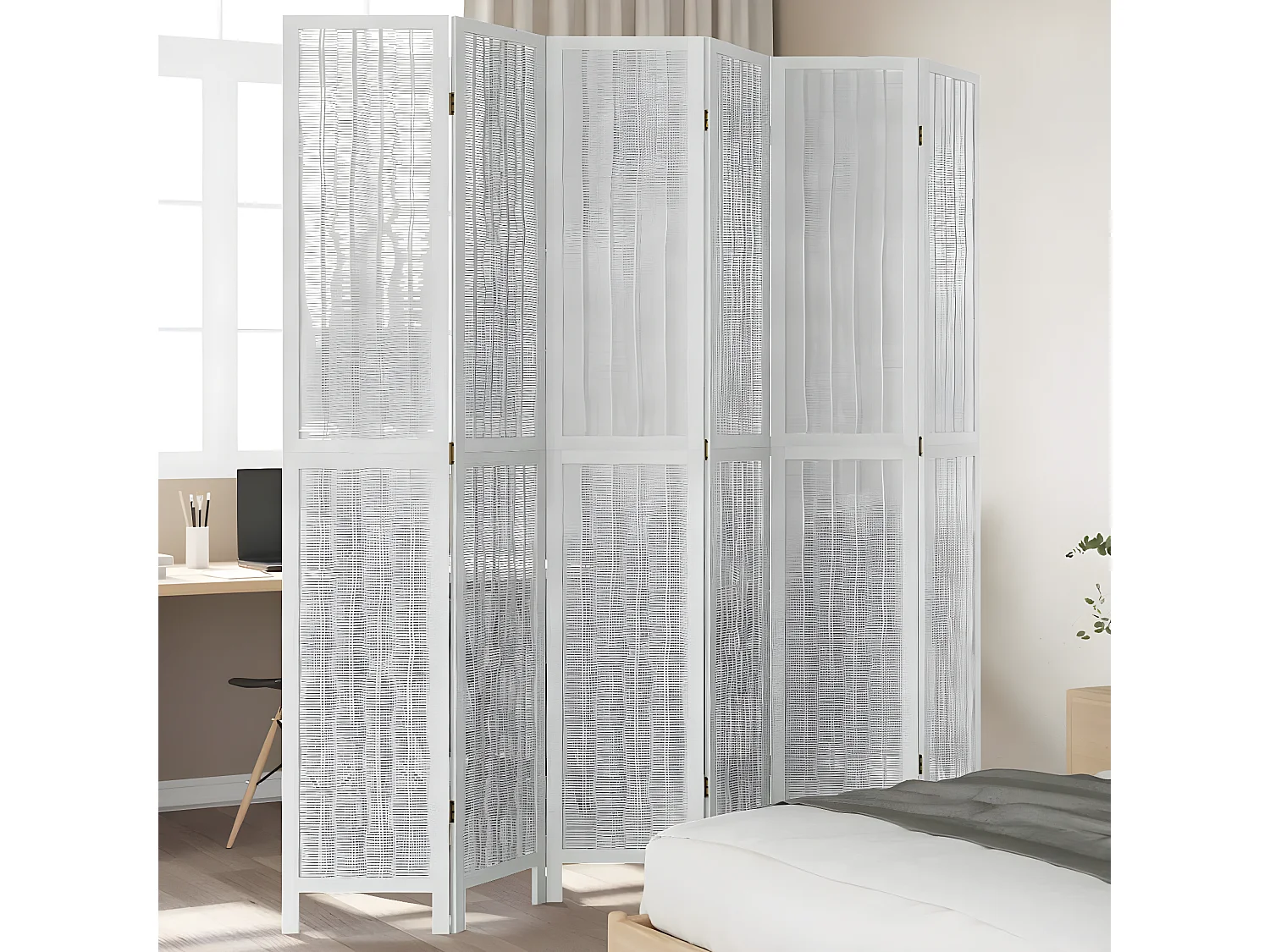 Cloison de séparation 6 panneaux blanc bois de paulownia massif