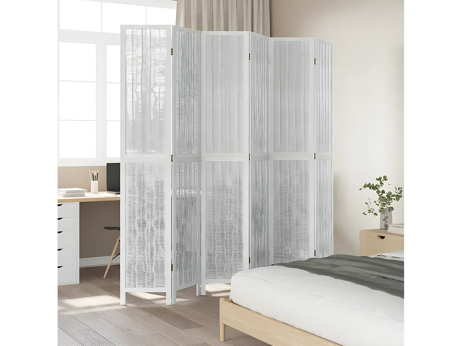 Cloison de séparation 6 panneaux blanc bois de paulownia massif