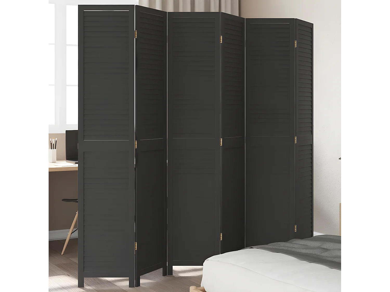 Cloison de séparation 6 panneaux noir bois de paulownia massif