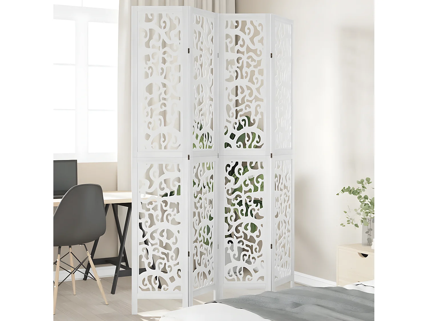 Cloison de séparation 4 panneaux blanc bois de paulownia massif