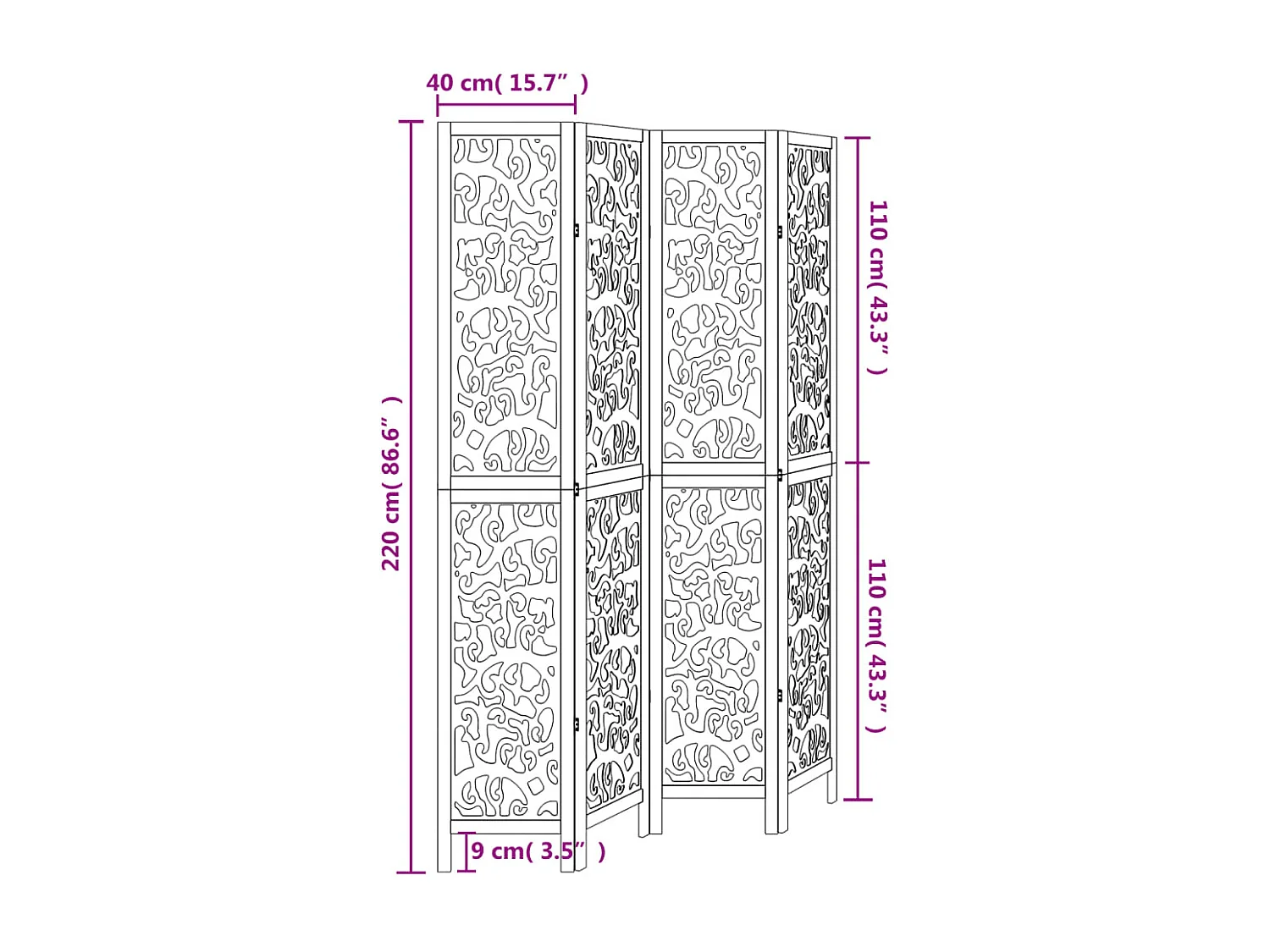 Cloison de séparation 4 panneaux blanc bois de paulownia massif